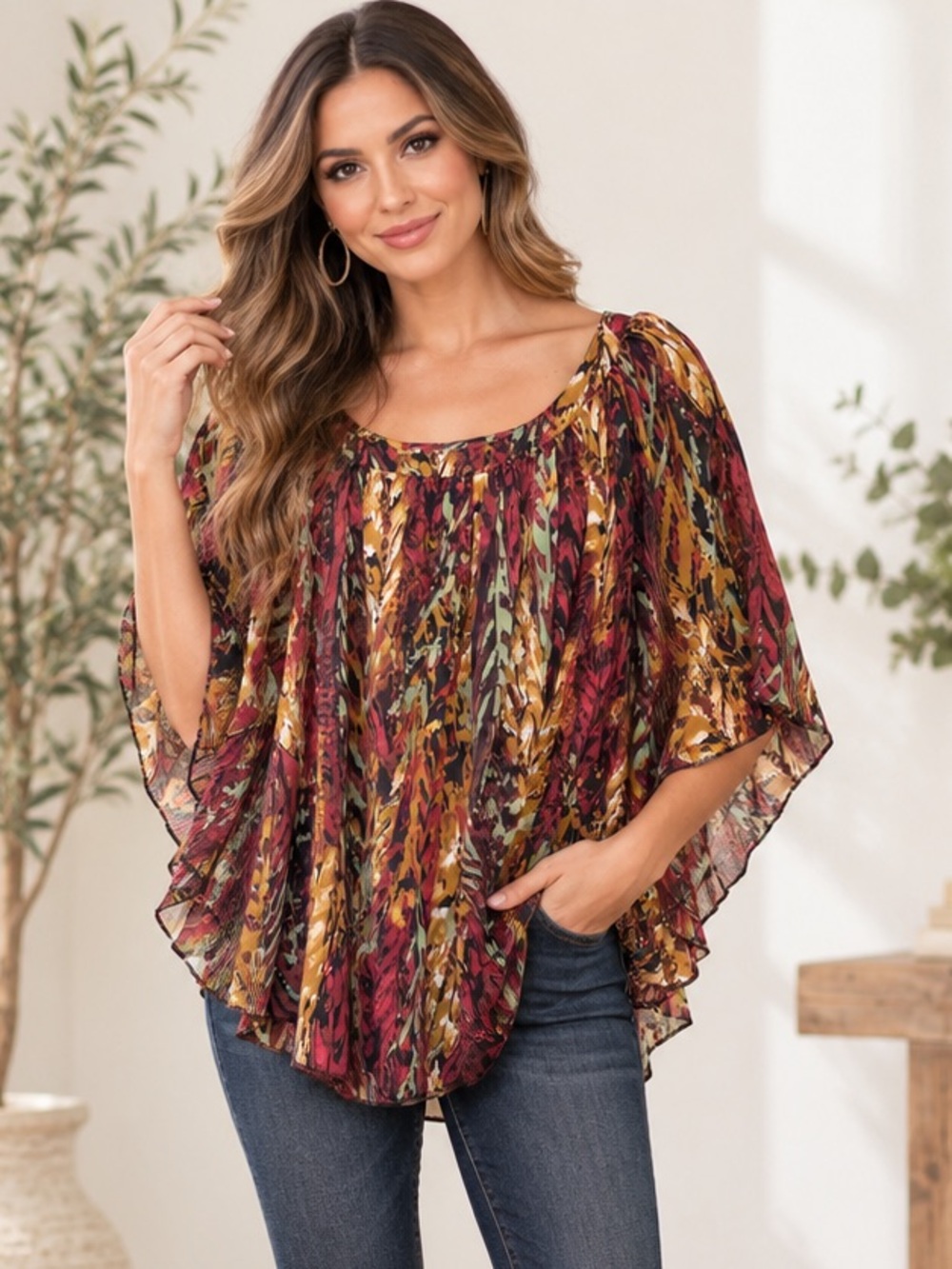Body Central Abstract Print Short Sleeve Dolman Cape Blouse - Medium